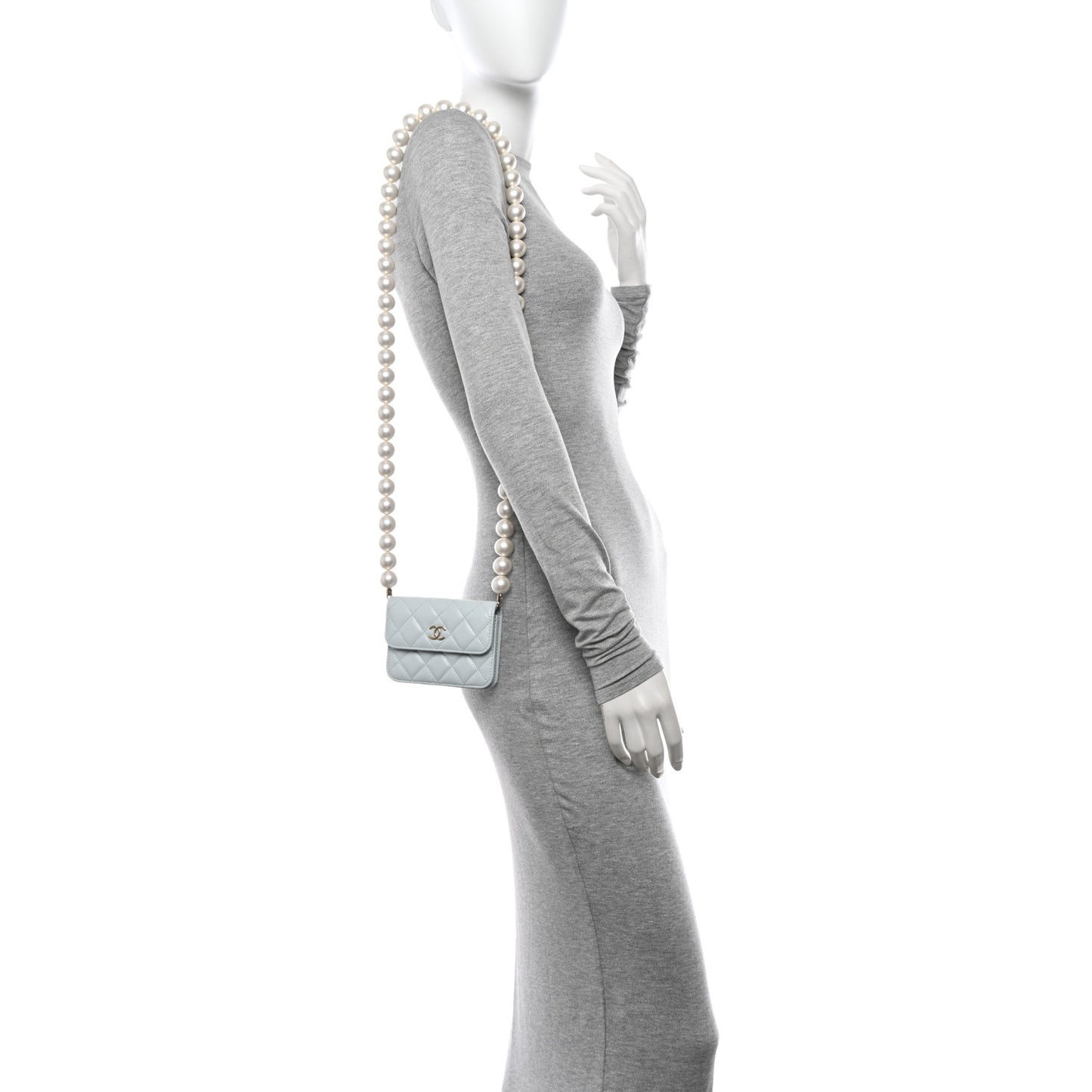 Calfskin Quilted Maxi Pearls Card Holder Flap With Chain Light Blue