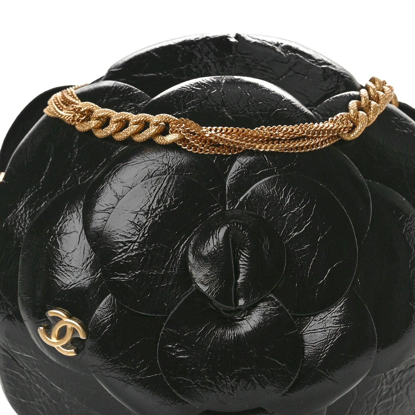 Patent Lambskin Camellia Bouquet Clutch With Chain Black