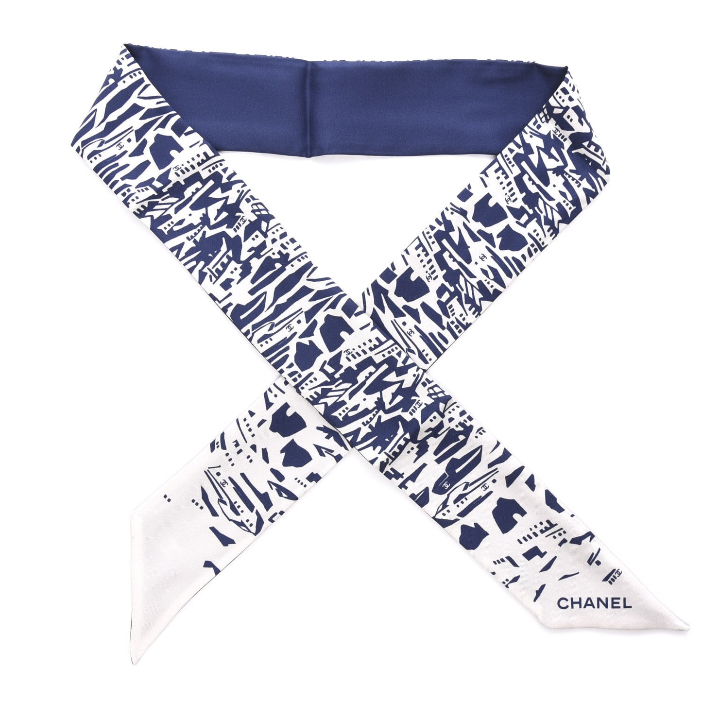 Silk Twill Slim Bandeau Scarf Navy Blue White