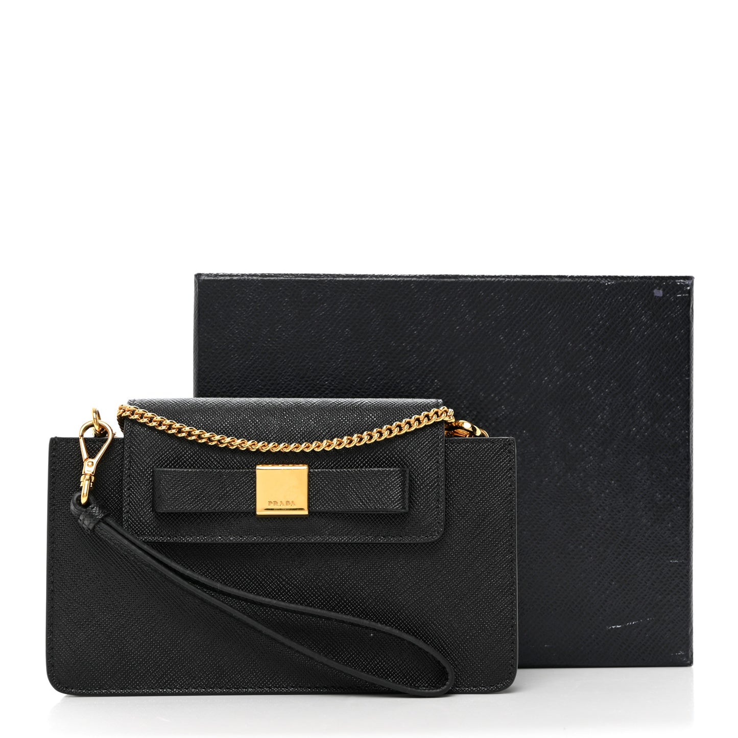 Saffiano Fiocco Metal Phone Wristlet Crossbody Wallet Black