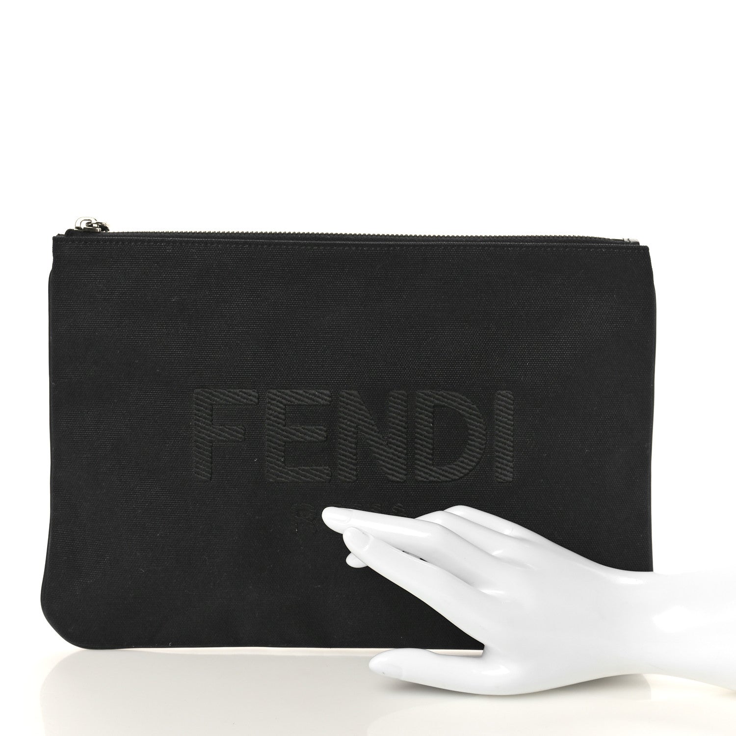 Fendi Cotton Canvas Vitello Grace Light Logo Pouch Black 2 of 8