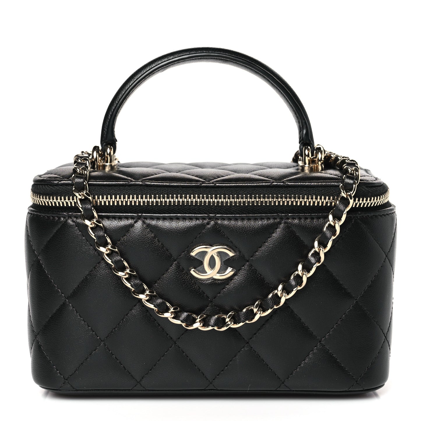 Lambskin Quilted Small Top Handle Vanity Case With Chain Black