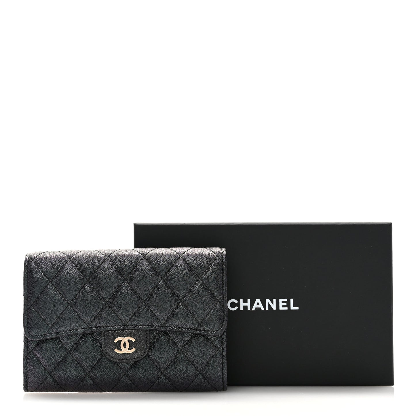 Iridescent Caviar Quilted Medium Flap Wallet Black