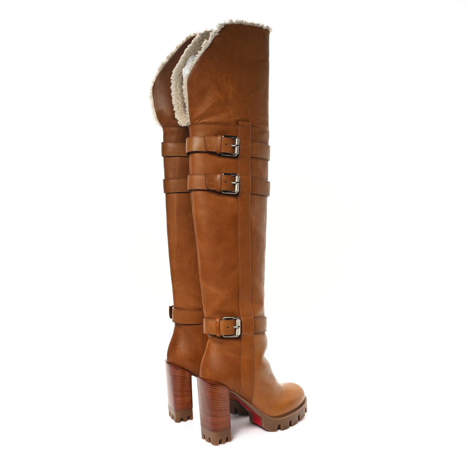 Christian Louboutin Calfskin Wax Shearling Brodeback Lug Over The Knee Boots 35.5 Terra Beige 4 of 8