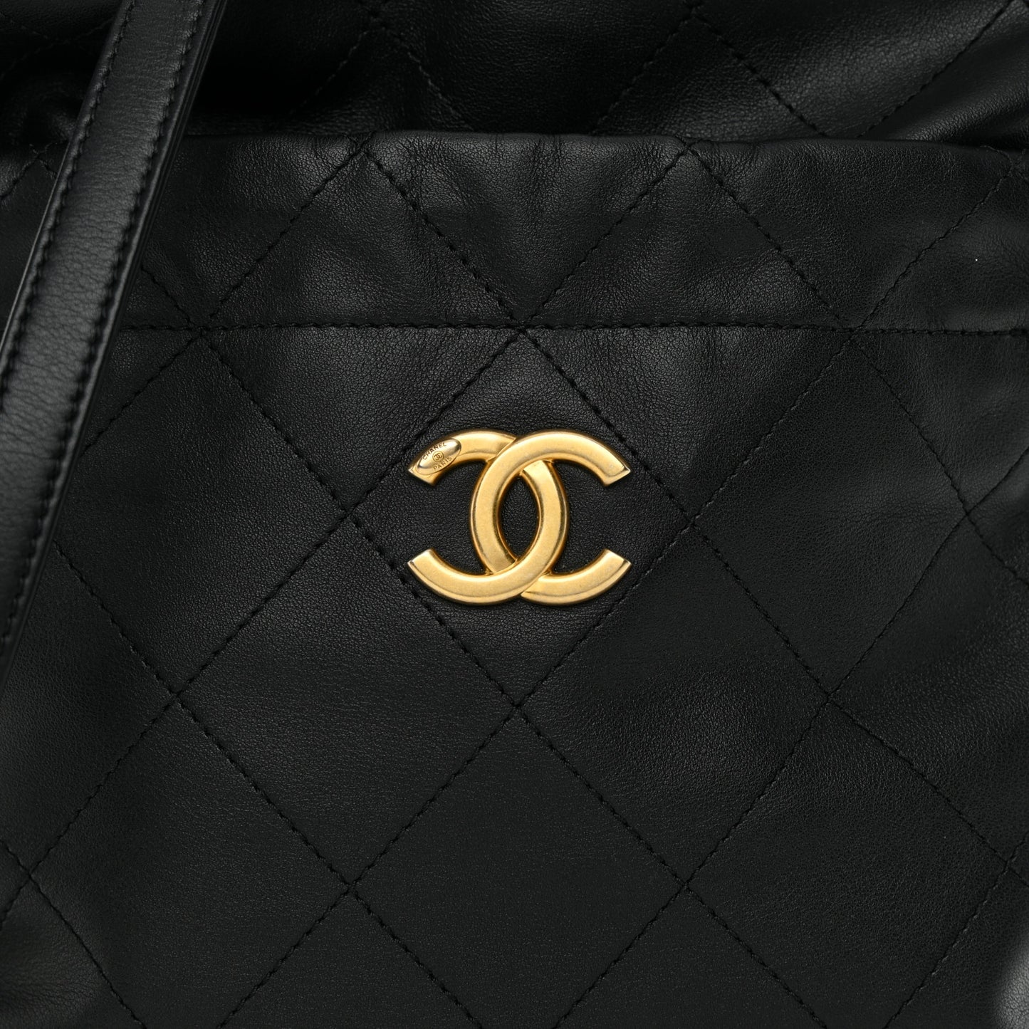 Calfskin Quilted Drawstring Bucket Bag Black