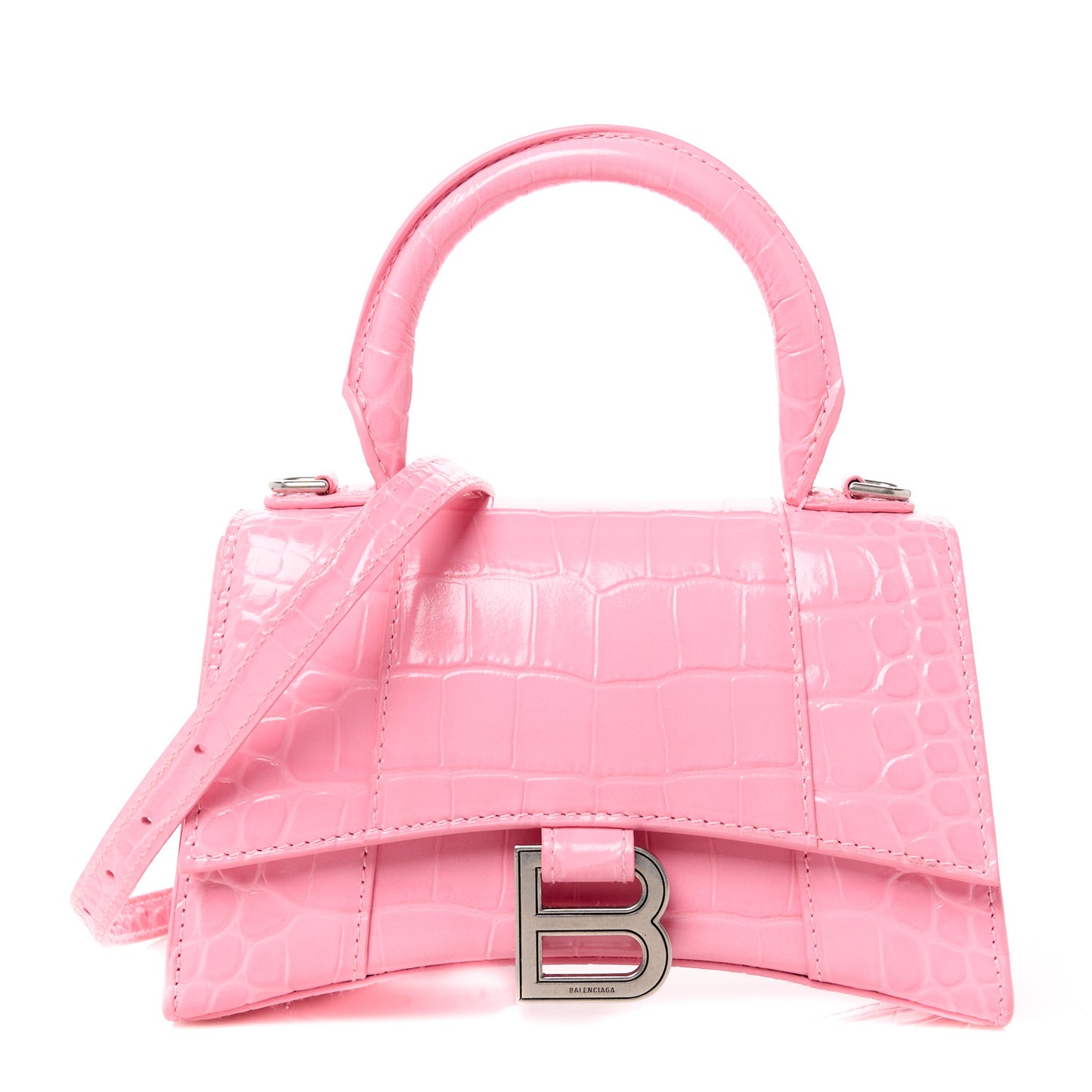 Shiny Calfskin Crocodile Embossed Hourglass Top Handle Bag XS Sweet Pink
