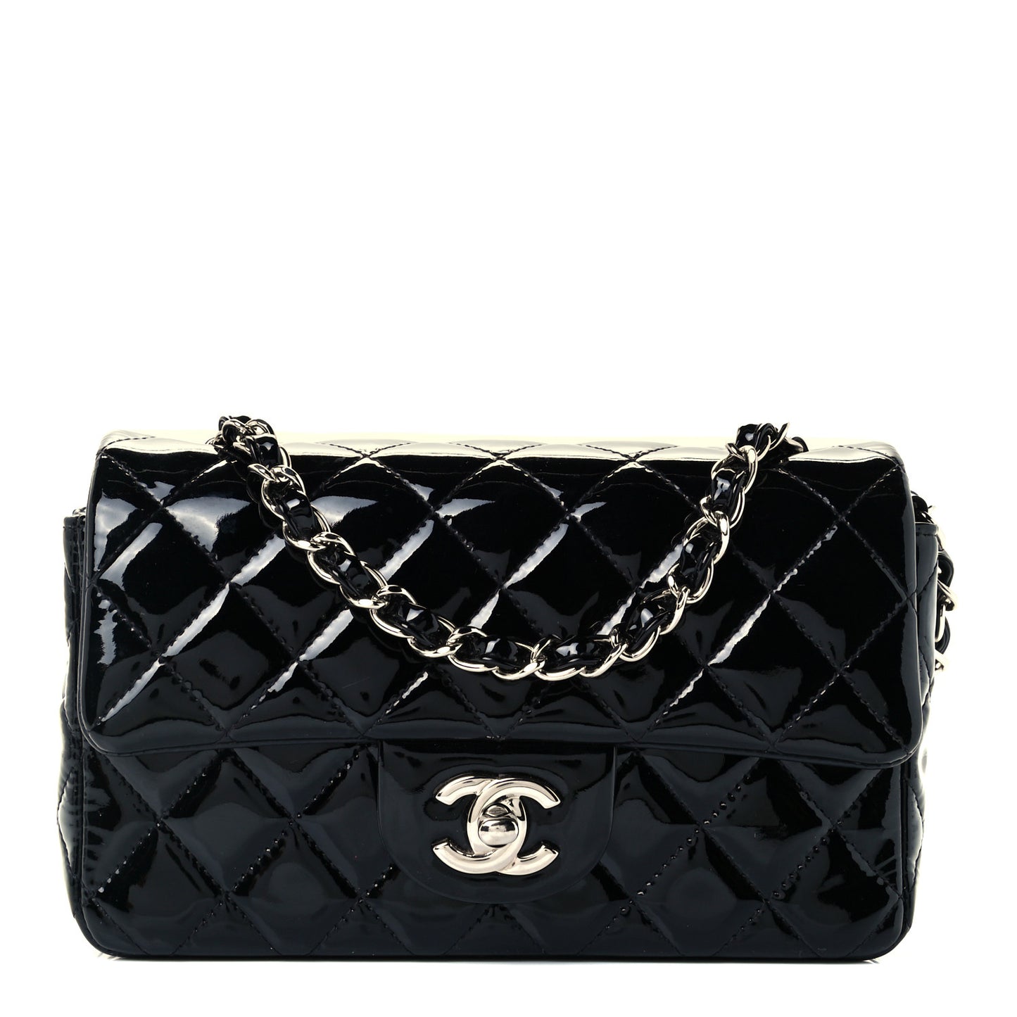Patent Calfskin Quilted Mini Rectangular Flap Black