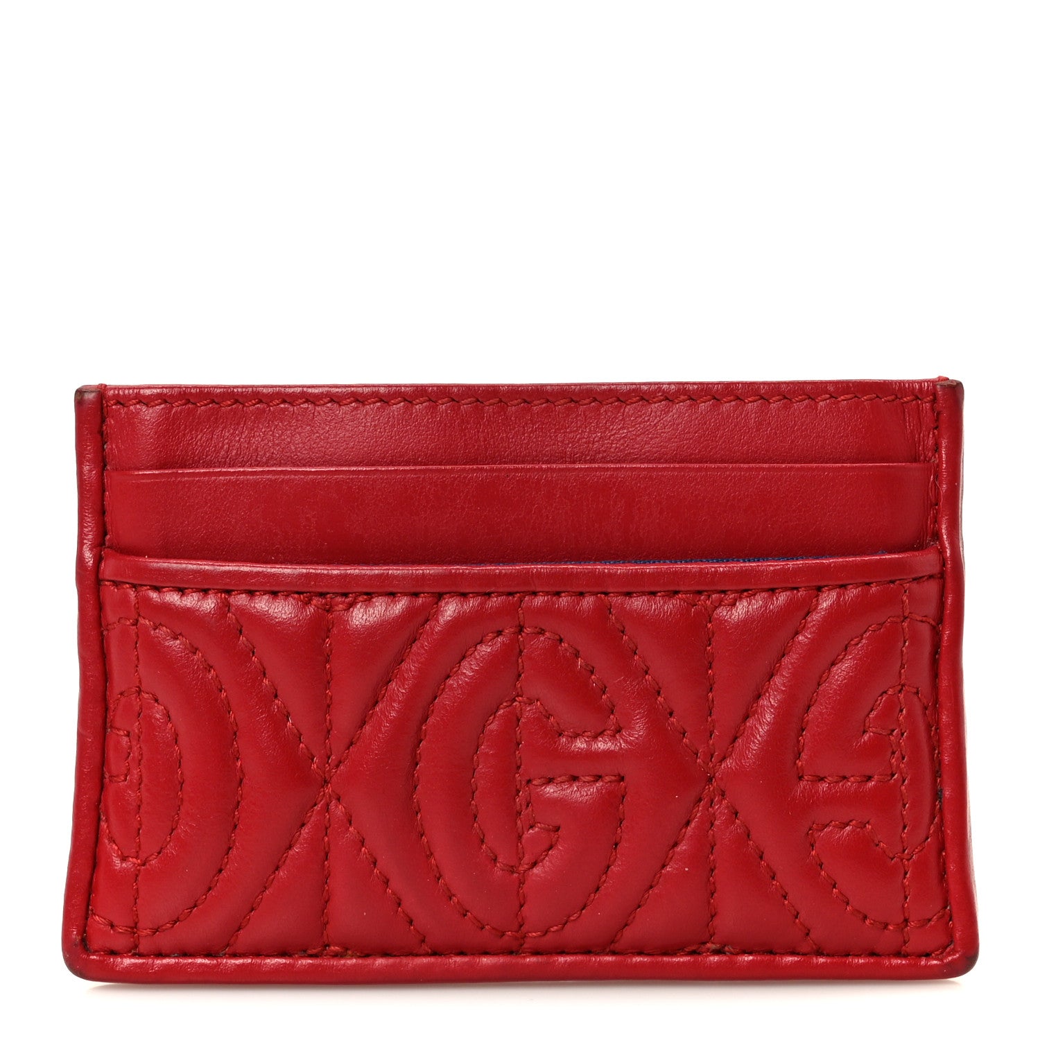 Gucci Calfskin G Rhombus Quilted Card Holder Hibiscus Red 1874423