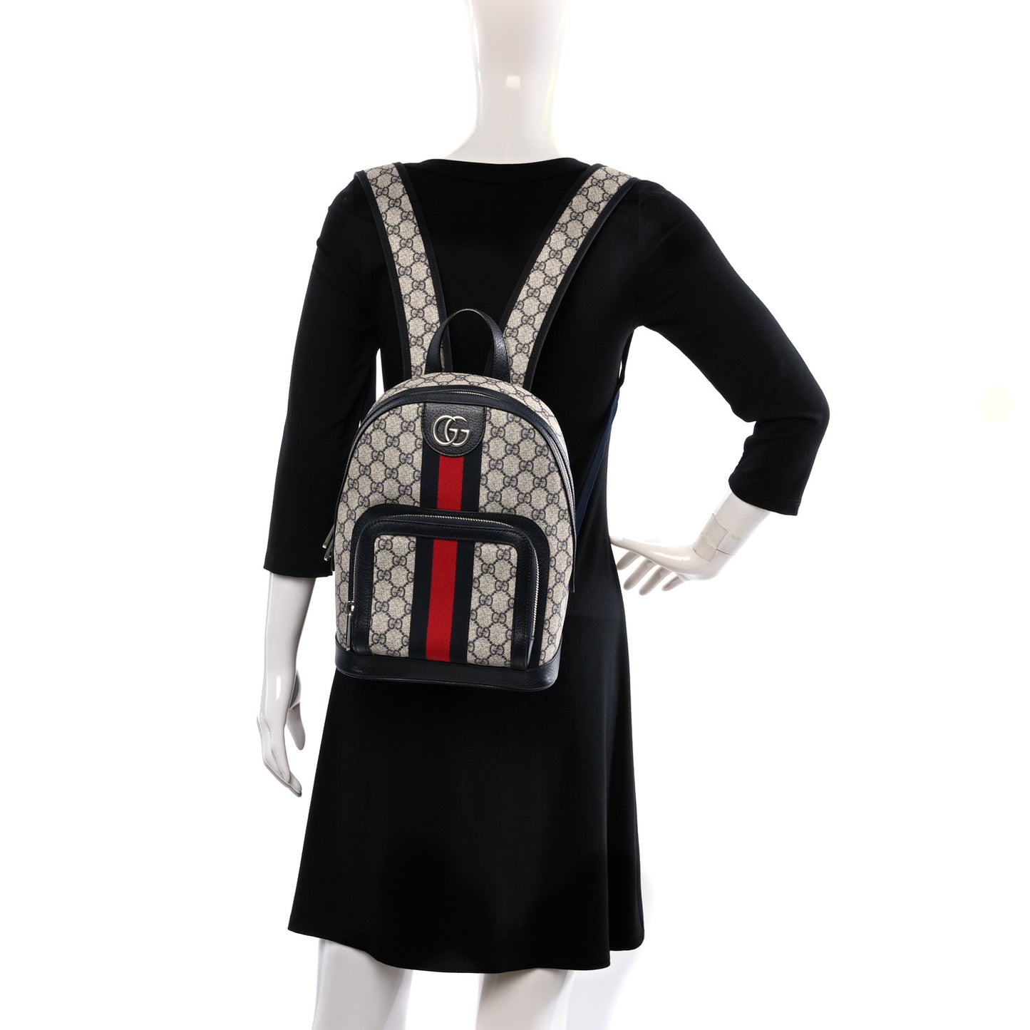 GG Supreme Monogram Textured Dollar Calfskin Web Small Ophidia Day Backpack Beige Blue Black
