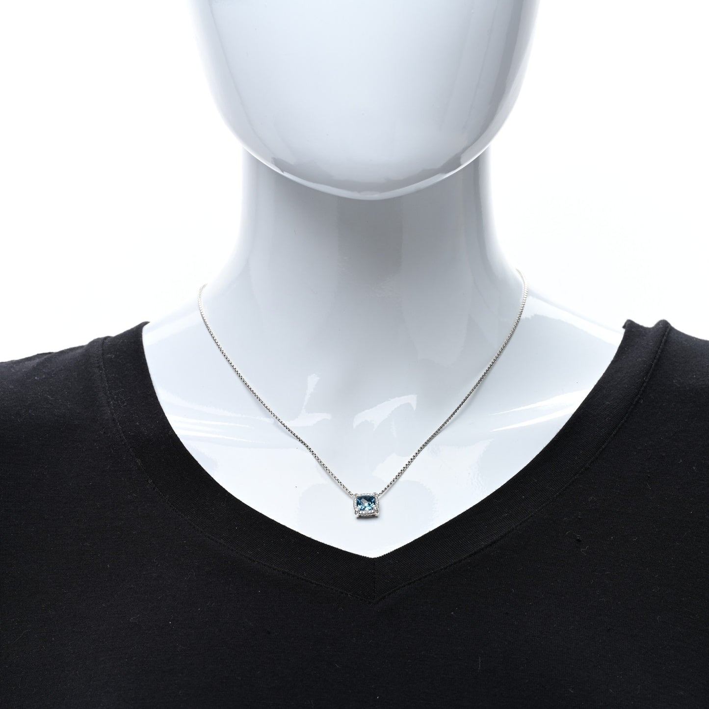 Sterling SIlver Diamond Blue Topaz 7mm Petite Chatelaine Pave Bezel Pendant Necklace