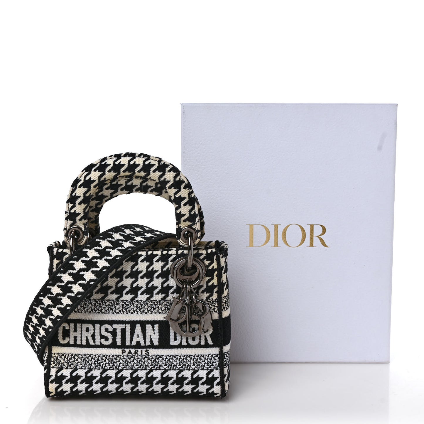 Canvas Houndstooth Embroidered Mini Lady D-Lite Black White