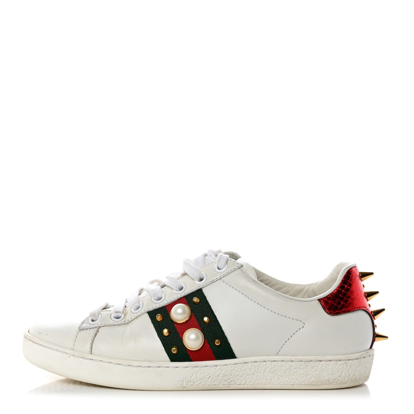 Calfskin Web Pearl Studded Womens Ace Sneakers 35 White