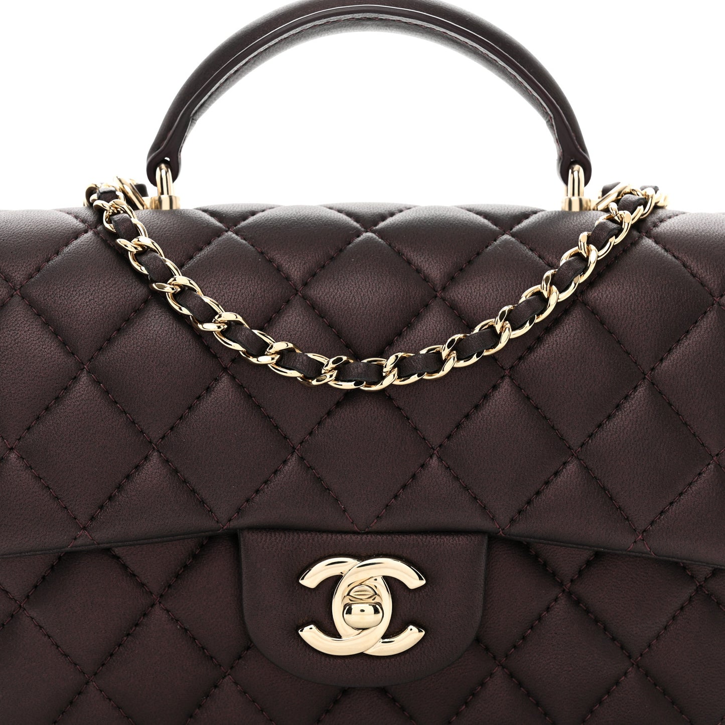 Iridescent Lambskin Quilted Mini Top Handle Rectangular Flap Burgundy