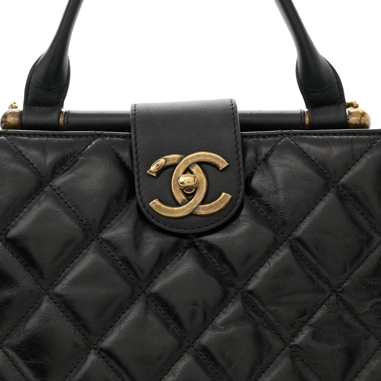 Glazed Calfskin Quilted Gold Bar Tote Black