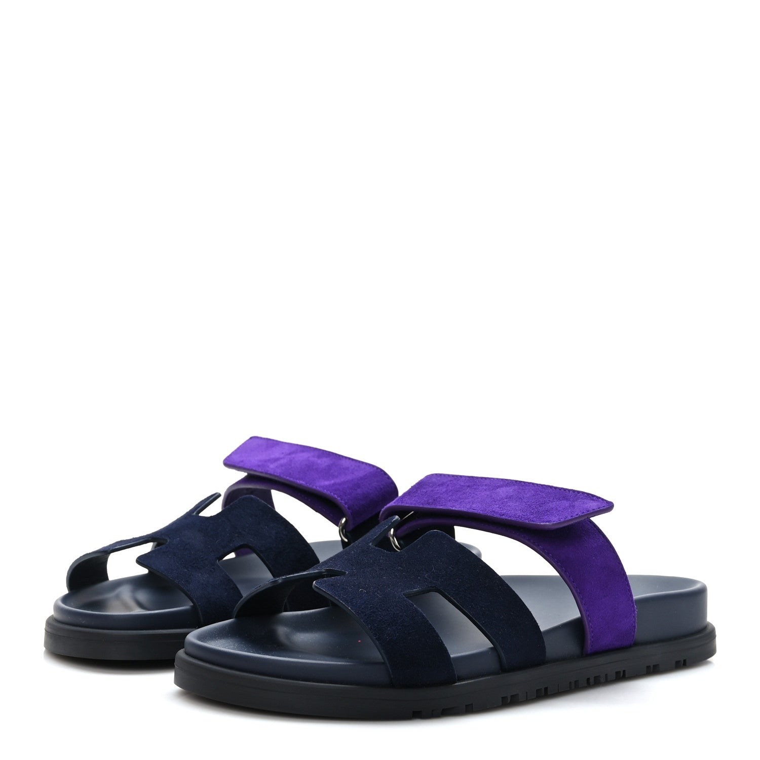 Hermes Suede Goatskin Womens Chypre Sandals 37.5 Marine Violet Majorette 3 of 9