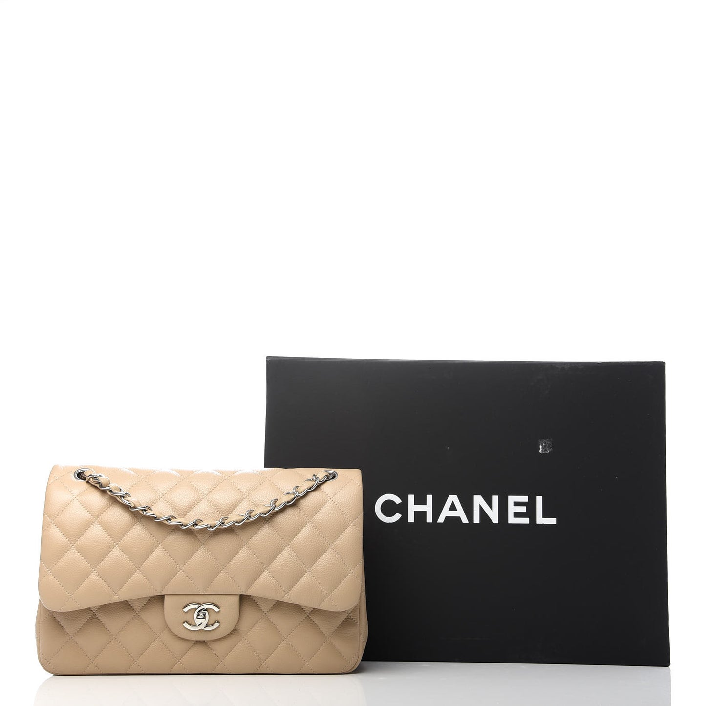 Caviar Quilted Jumbo Double Flap Beige Clair
