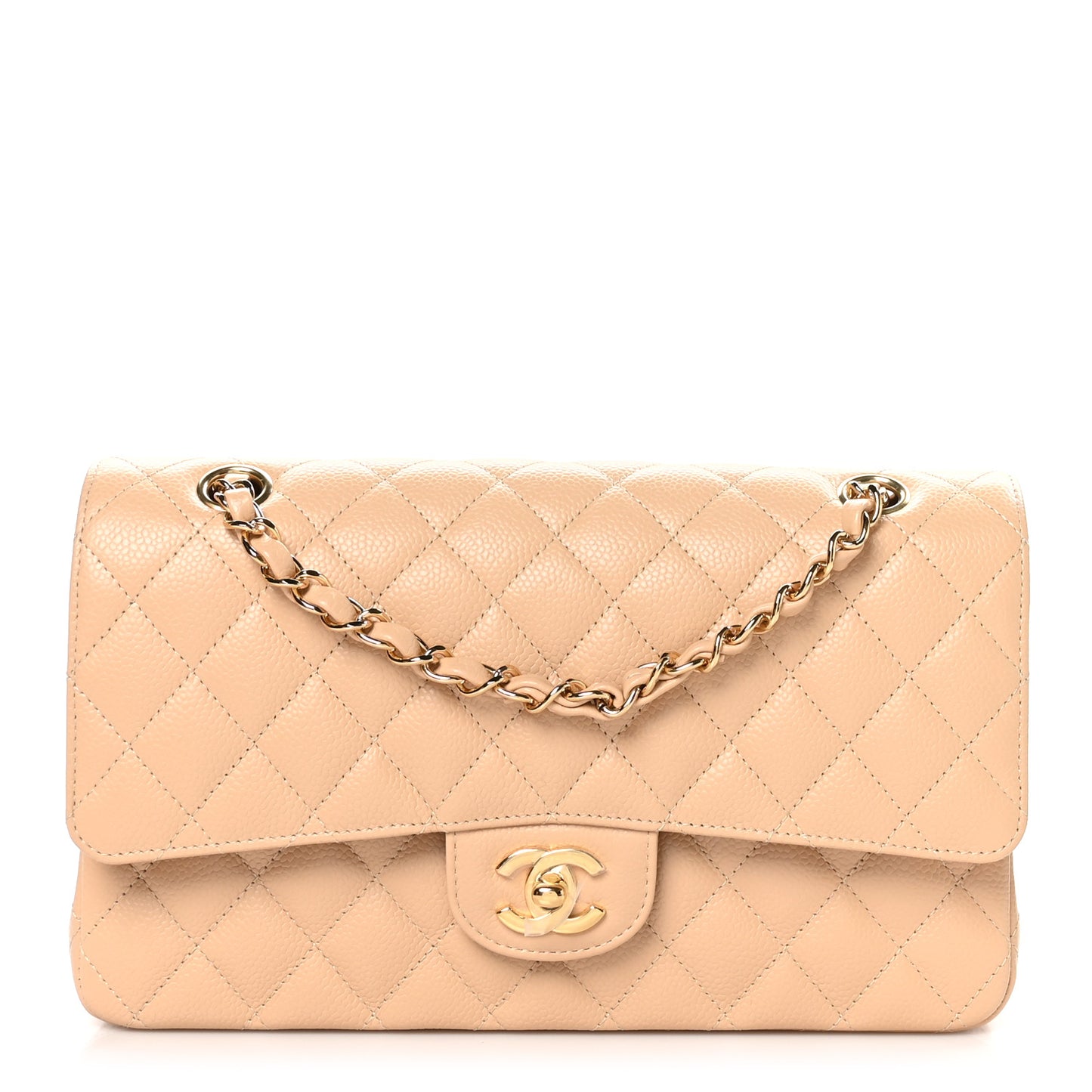 Caviar Quilted Medium Double Flap Beige