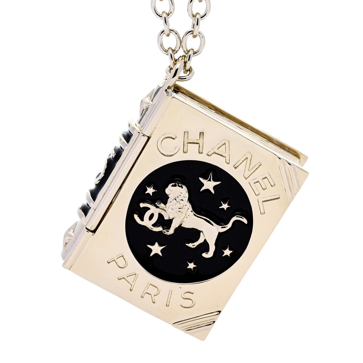 Metal CC Lion Book Locket Necklace Gold