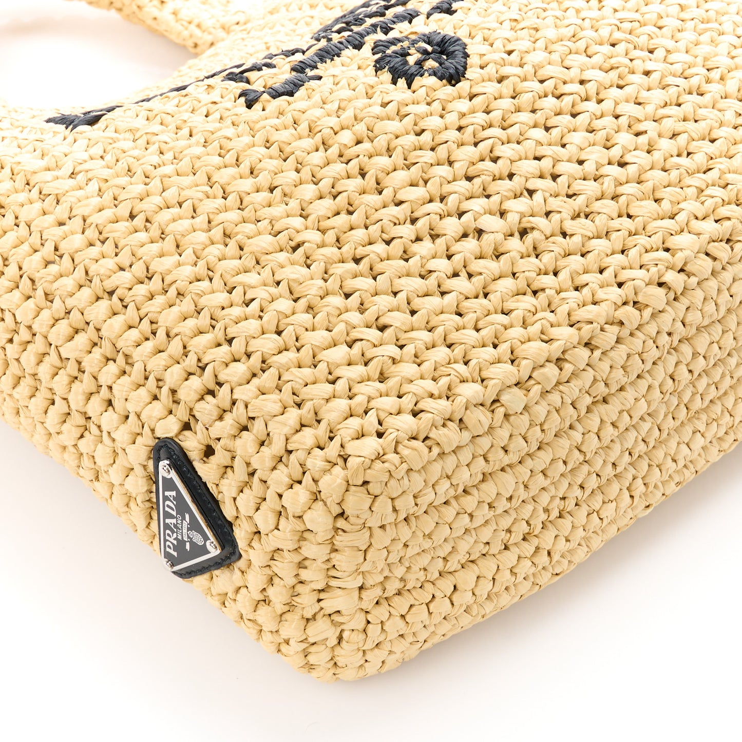 Yarn Raffia Effect Crochet Embroidered Small Logo Tote Naturale