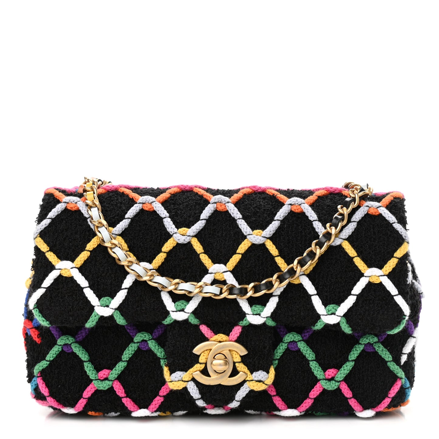 Tweed Diamond Threaded Mini Rectangular Pearl Crush Flap Black Multicolor