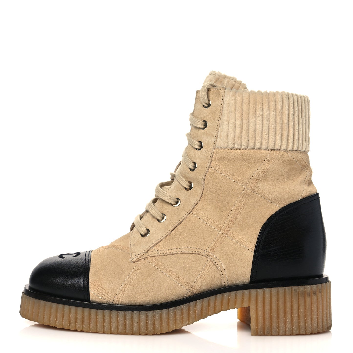 Suede Calfskin Velvet Quilted CC Combat Boots 41 Beige Black