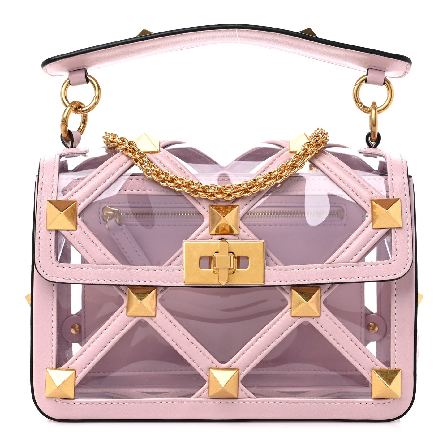 PVC Calfskin Medium Roman Stud Shoulder Bag Transparent Rose Quartz