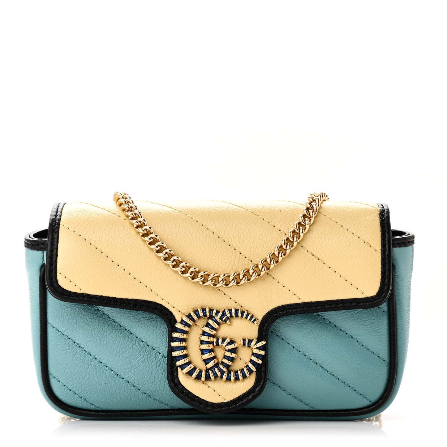 Azalea Calfskin Enamel Matelasse Diagonal Super Mini Torchon GG Marmont Shoulder Bag Butter Dusty Azure Black Electric Blue