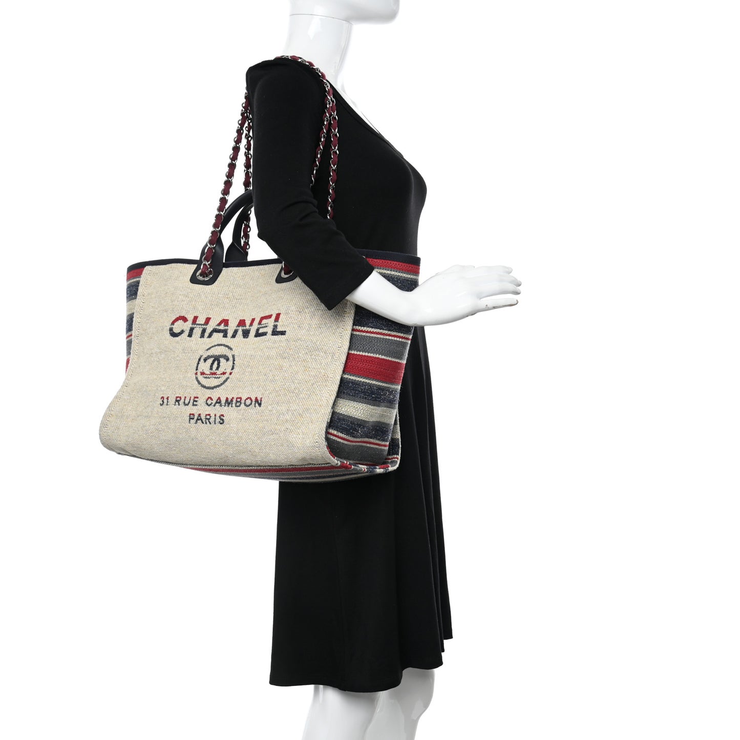 Striped Canvas Medium Deauville Tote Beige