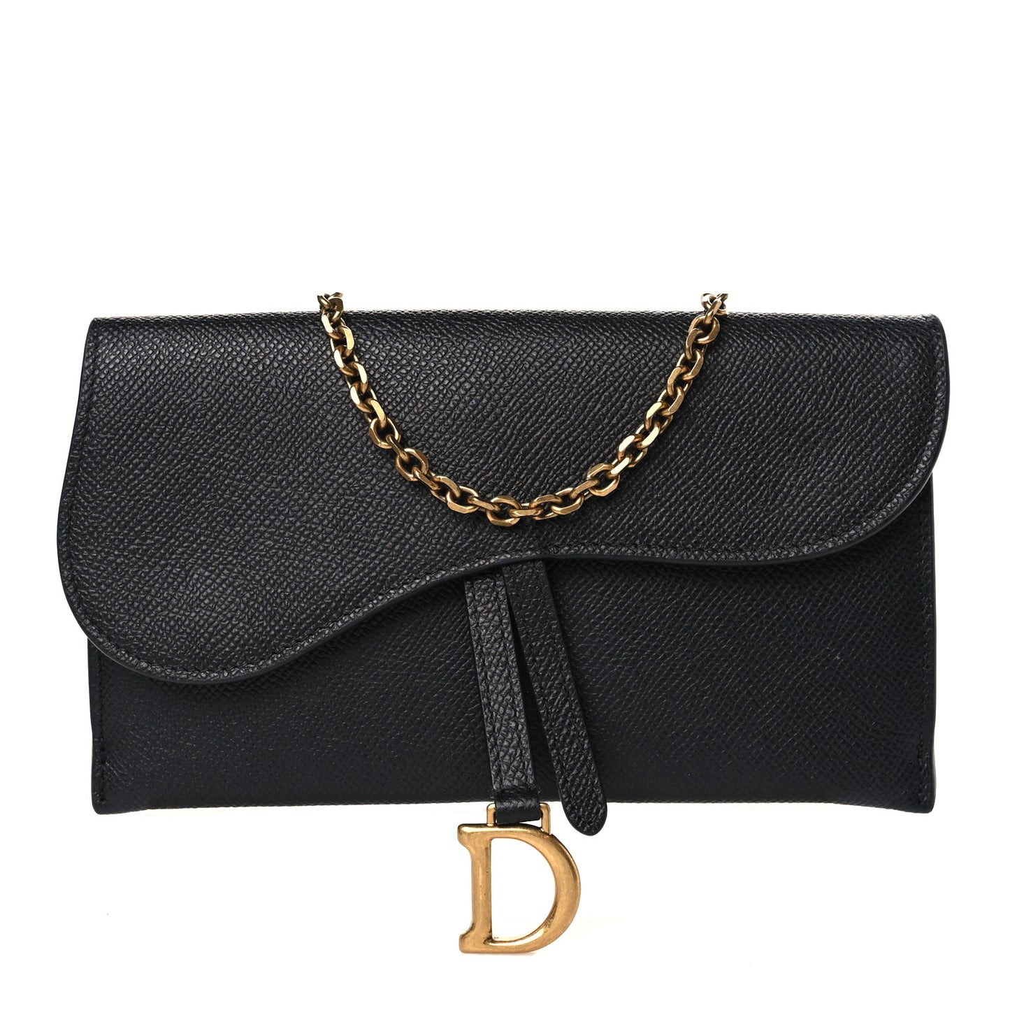 Grained Calfskin Saddle Chain Wallet Pouch Black