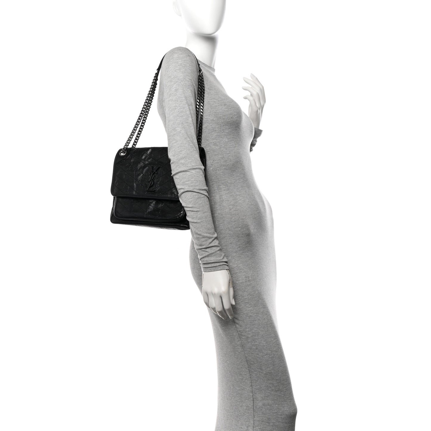 Crinkled Calfskin Matelasse Monogram Medium Niki Chain Satchel Black