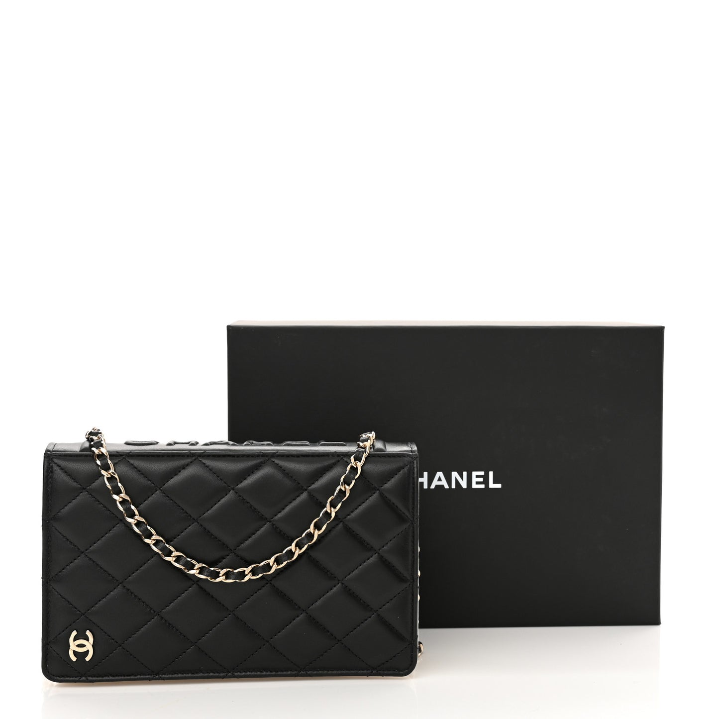 Lambskin Quilted Book Wallet On Chain WOC Black