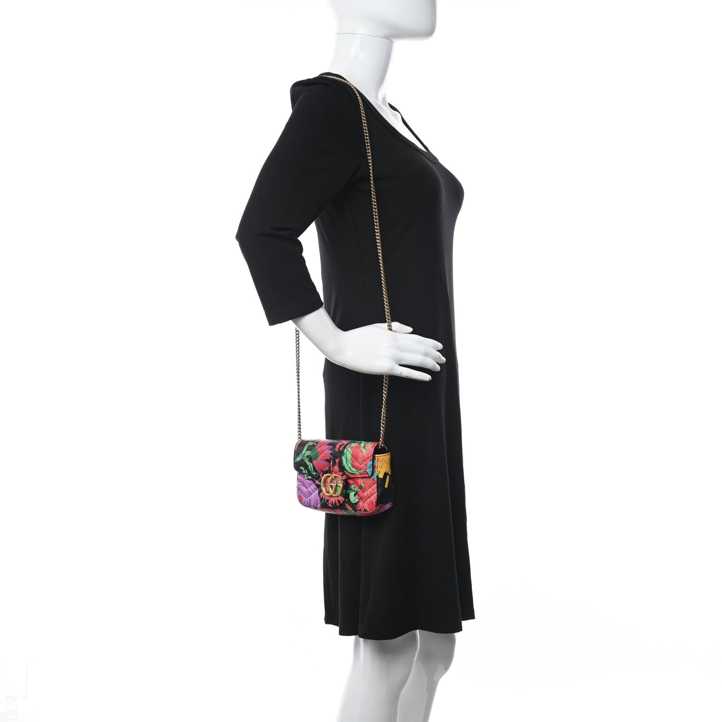 X KEN SCOTT Calfskin Matelasse Floral Print Super Mini GG Marmont Shoulder Bag Black