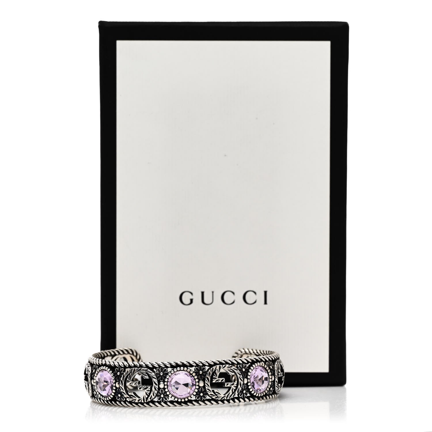 Gucci Sterling Silver Crystal Garden Interlocking G Cuff Bracelet Purple 5 of 5