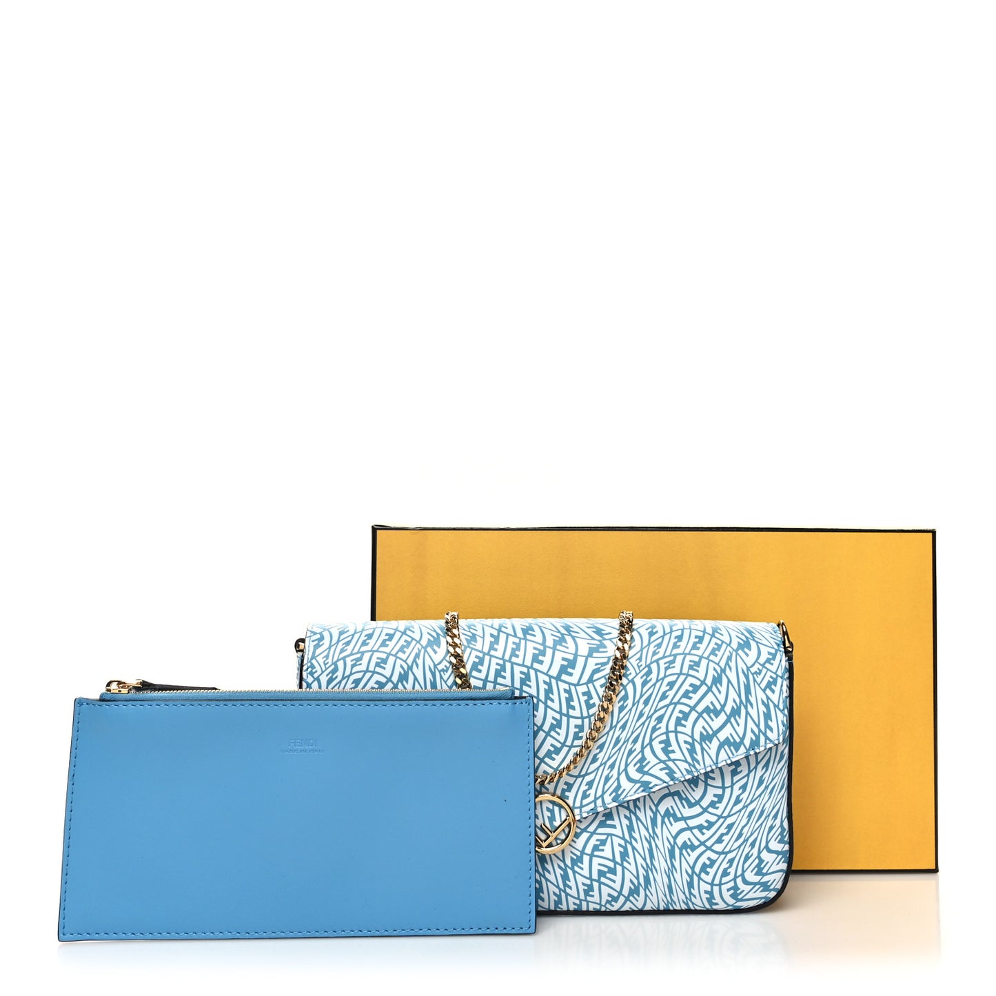 X SARAH COLEMAN Vitello Liberty Ceylon F is Fendi Micro FF Vertigo Embossed Envelope Wallet on Chain with Pouches Cyber Blue White