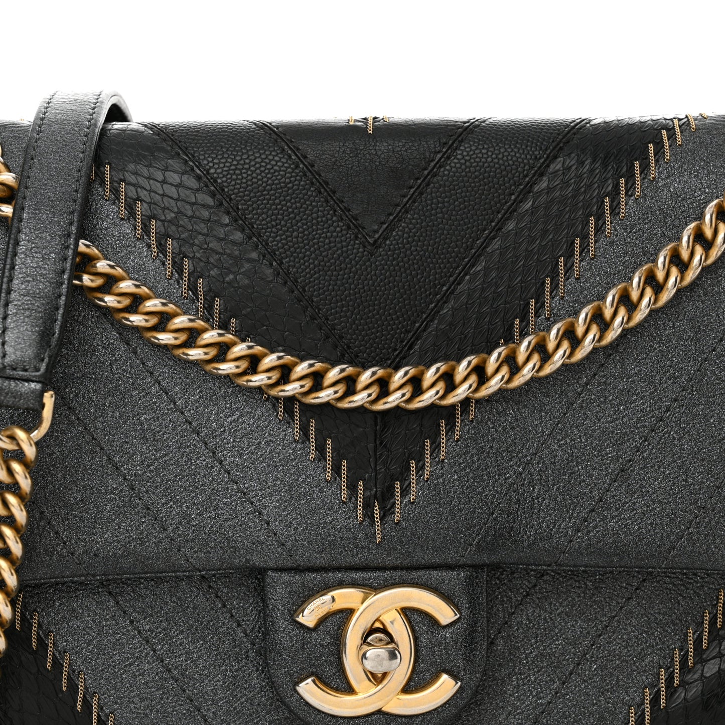 Calfskin Iridescent Snakeskin Patchwork Chevron Medium Flap Black Silver