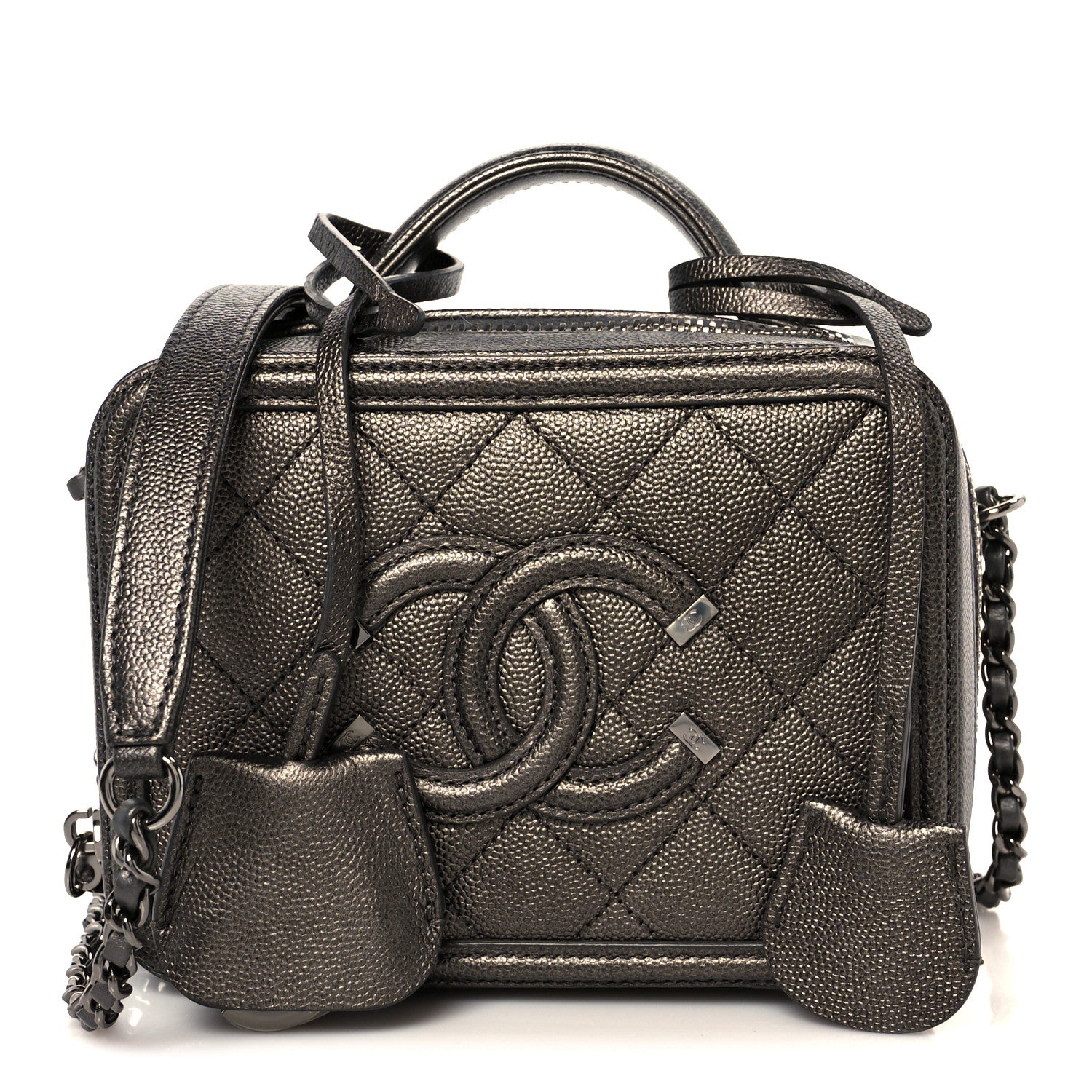 CHANEL Metallic Caviar Quilted Filigree Backpack Dark Silver Chanel Metallic Caviar Quilted Small CC Filigree Vanity Case  main image 4