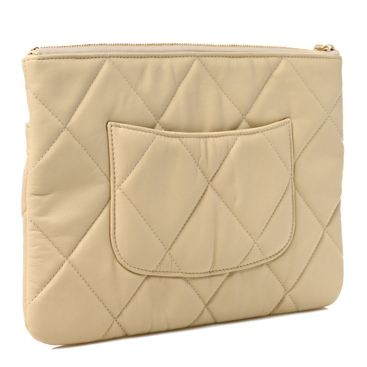 Shiny Goatskin Quilted Chanel 19 Pouch Beige