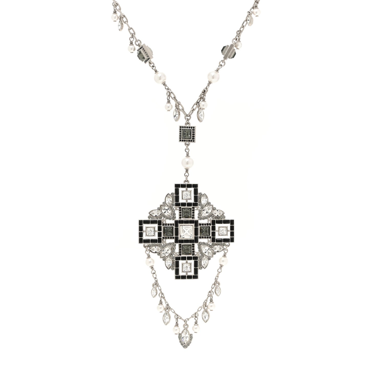 Crystal Strass Pearl CC Necklace Silver Black