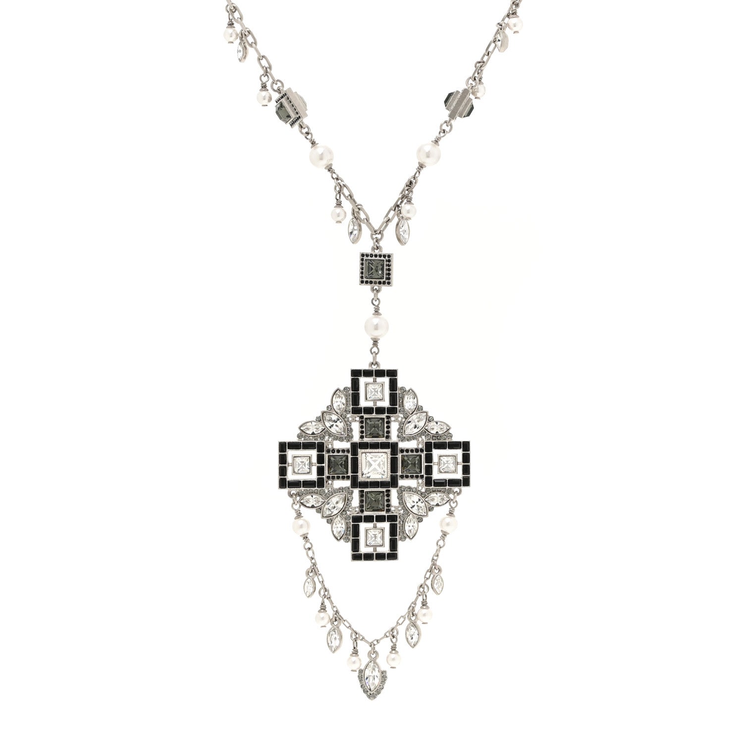 Chanel Crystal Strass Pearl CC Necklace Silver Black 1 of 5