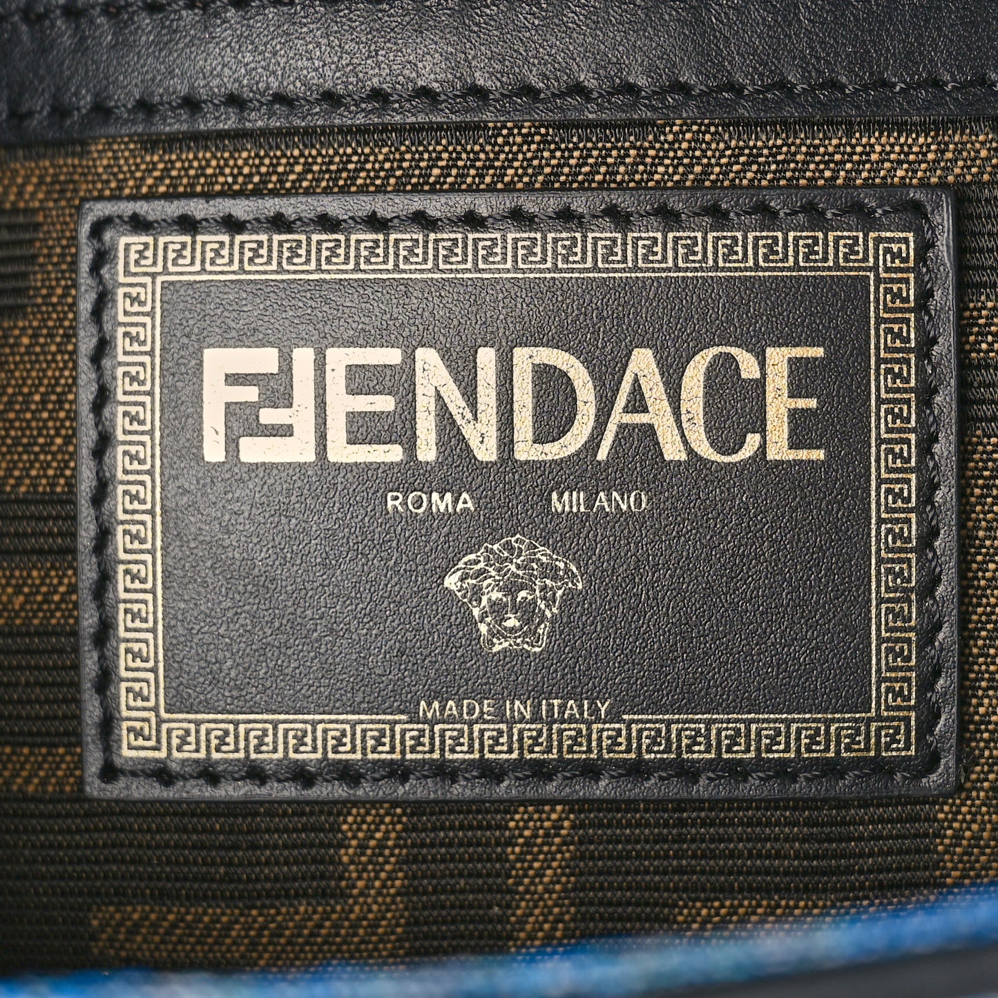 X FENDI Fabric Calfskin Medusa Denim Patchwork Print Baguette Blue Black Gold