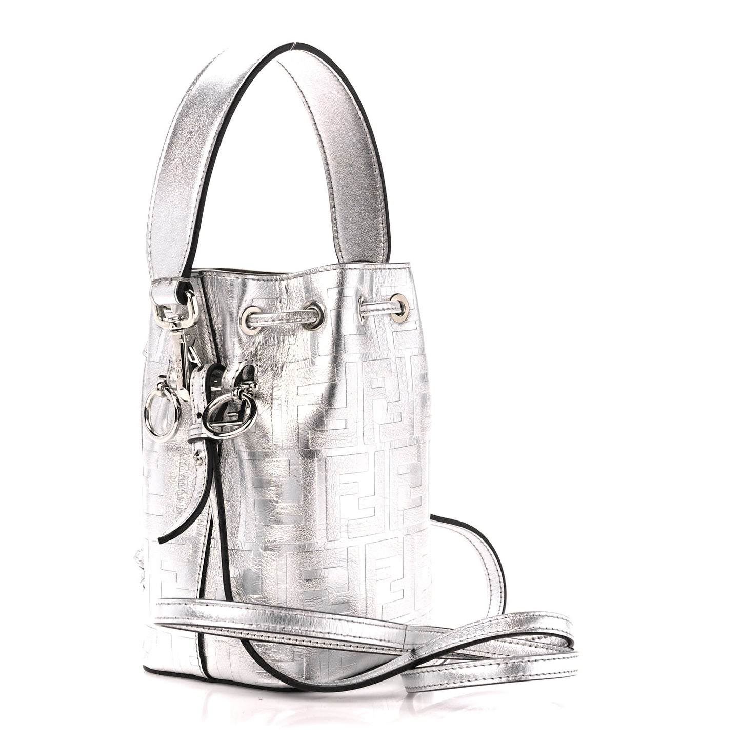 Metallic Vitello Liberty F is Fendi FF 1974 Embossed Mini Mon Tresor Bucket Bag Argento