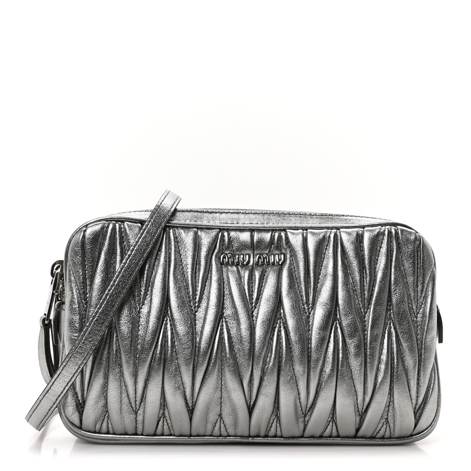 miu様 Miu Miu Metallic Nappa Matelasse Double Zip Pochette Clutch Cromo