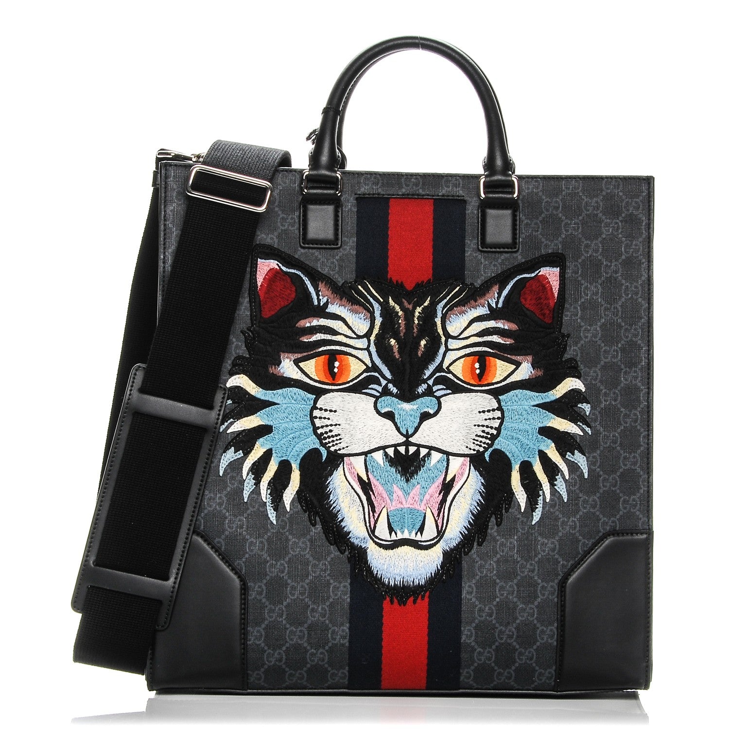 Gucci GG Supreme Monogram Web Angry Cat Embroidered Vertical Tote