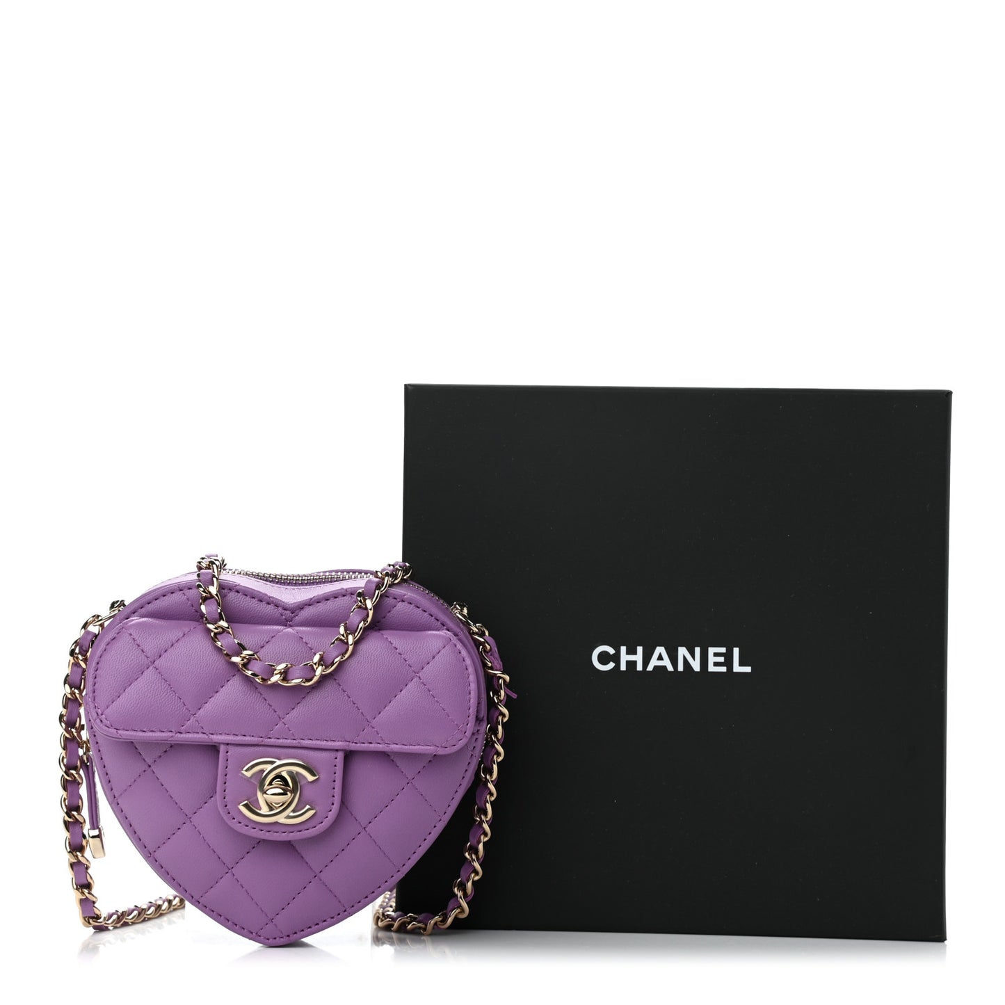 Lambskin Quilted CC In Love Heart Clutch With Chain Purple