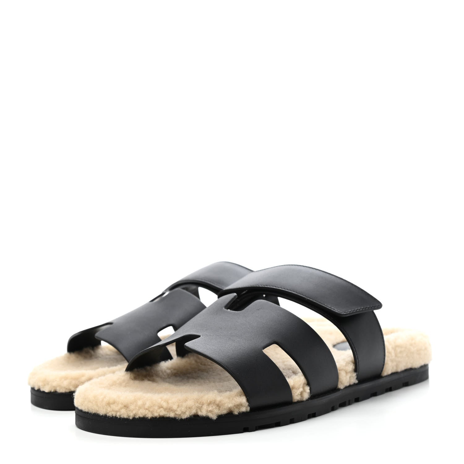 Hermes Veau Indios Woolskin Mens Chypre Sandals 42 Black Ecru 3 of 4