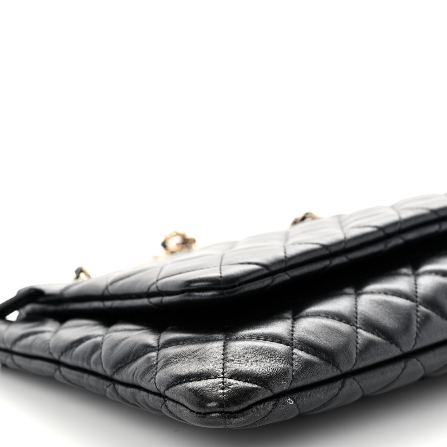 Shiny Lambskin Quilted Medium Double Case With Strap Black