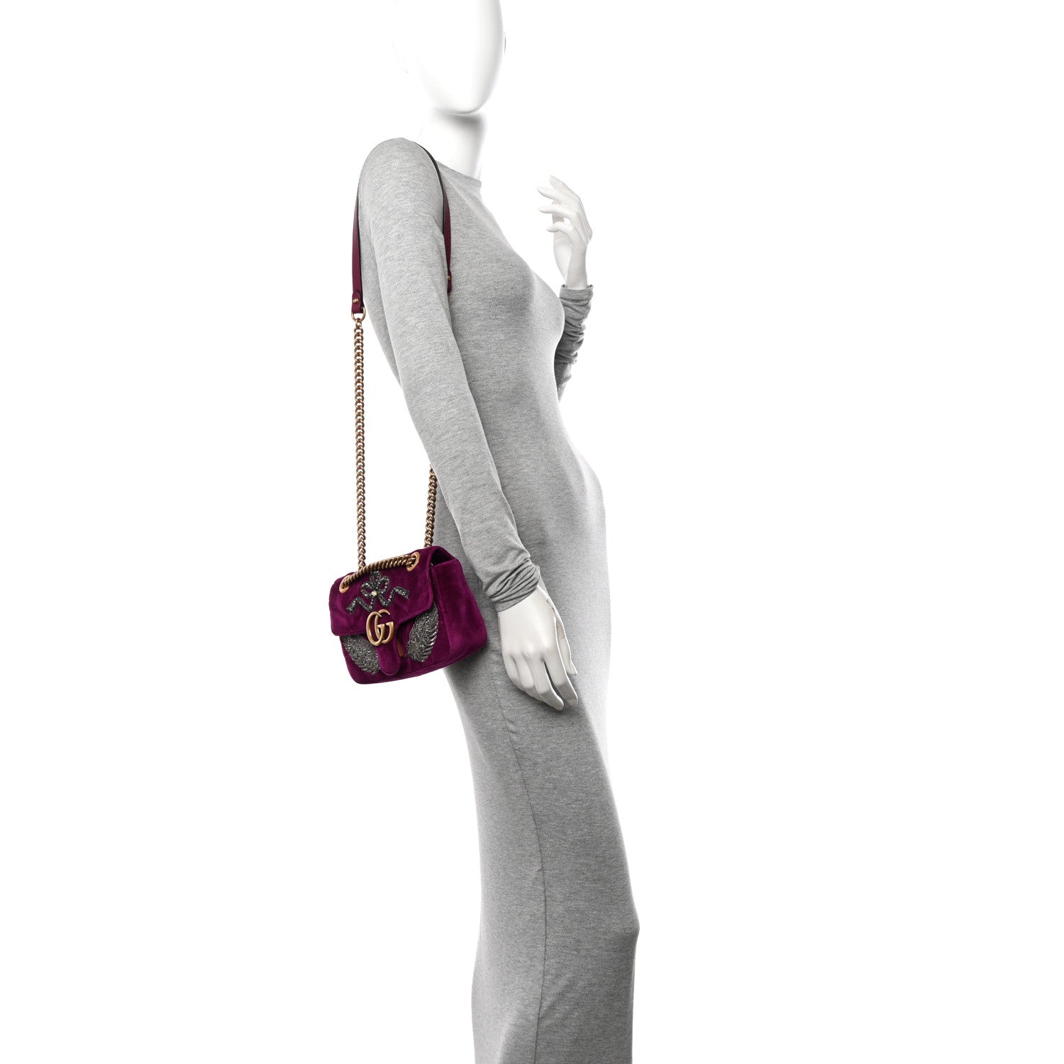 Gucci Velvet Matelasse Embroidered Mini GG Marmont Shoulder Bag Bordeaux 2 of 10