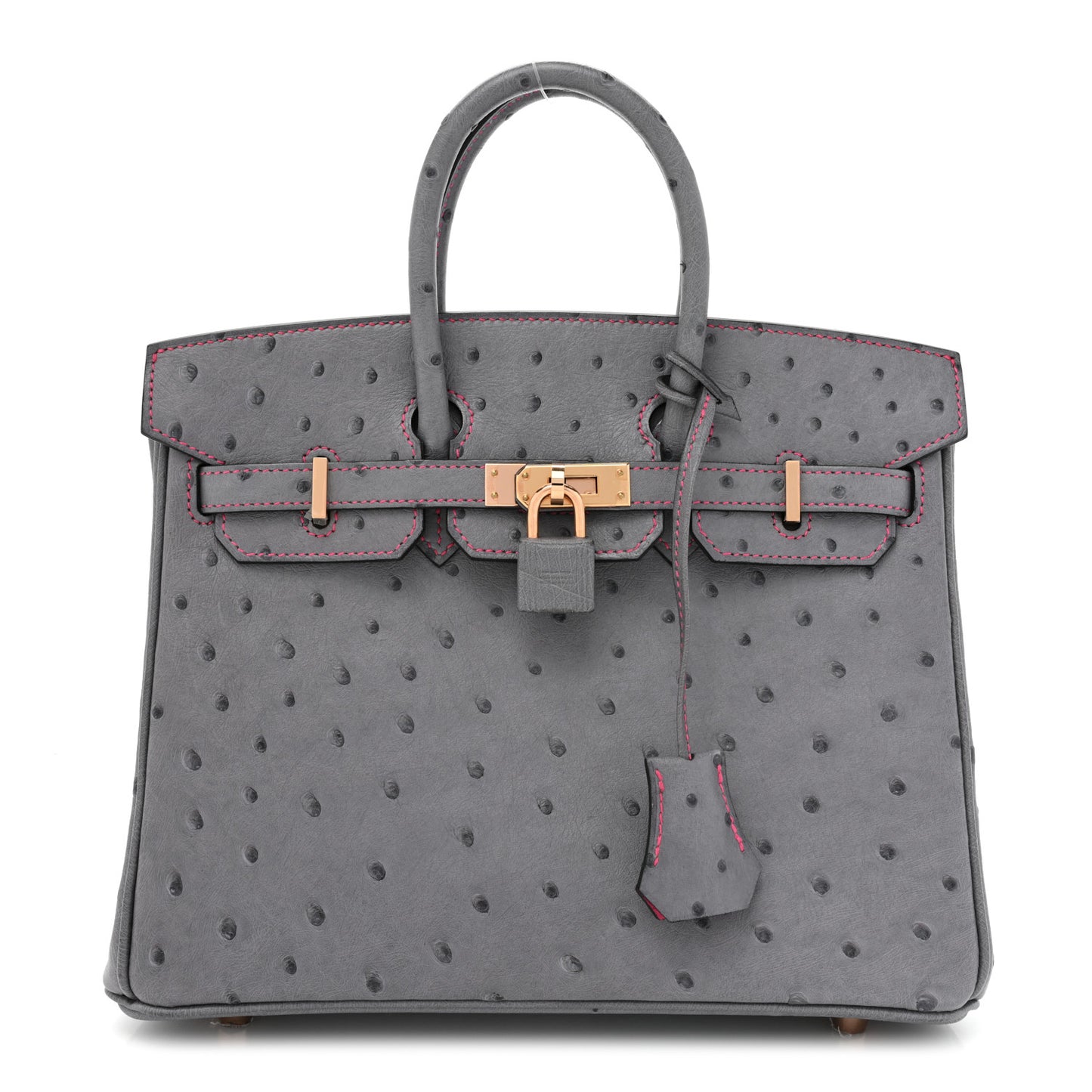 Ostrich Horseshoe Birkin 25 Gris Agate Rose Shocking