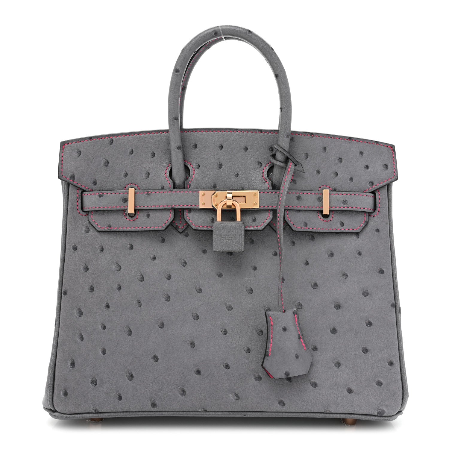 Hermes Ostrich Horseshoe Birkin 25 Gris Agate Rose Shocking 1 of 8