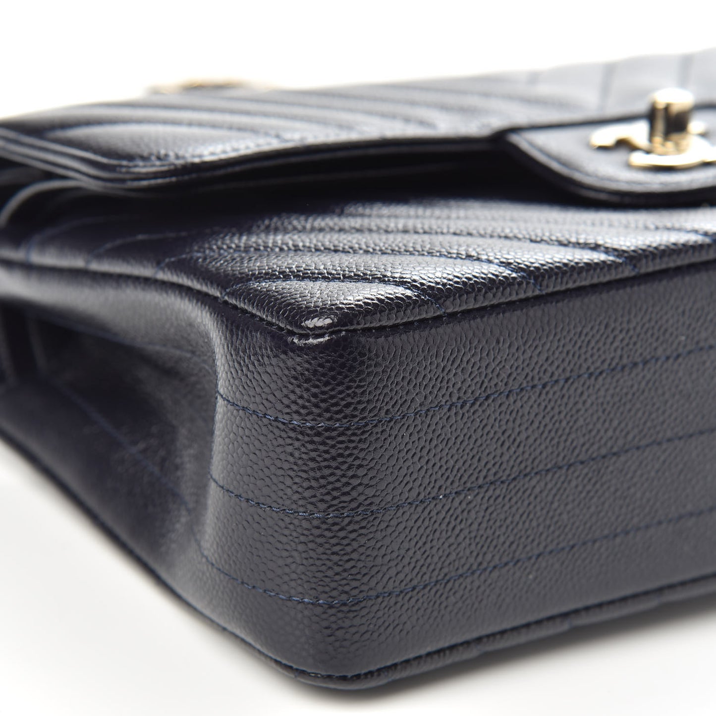 Caviar Chevron Quilted Small Double Flap Navy Blue